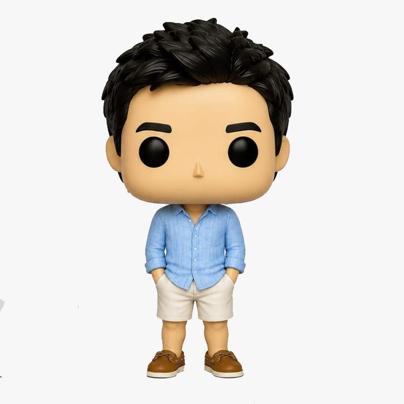 May include: A vinyl figure of a man with black hair, wearing a light blue button-down shirt, white shorts, and brown shoes. The figure has large black eyes and is standing with hands in pockets.