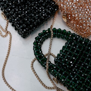 Women Handbag with Chain Strap Crystal Beaded Handbag Small Handmade Jewellery Beaded Bag Luxury Evening Bag with Handle Green image 3