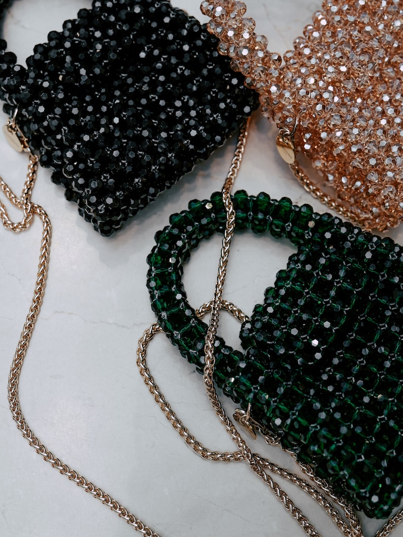 Women Handbag with Chain Strap Crystal Beaded Handbag Small Handmade Jewellery Beaded Bag Luxury Evening Bag with Handle Green image 3