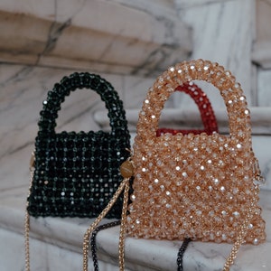 Women Handbag with Chain Strap Crystal Beaded Handbag Small Handmade Jewellery Beaded Bag Luxury Evening Bag with Handle Green image 6