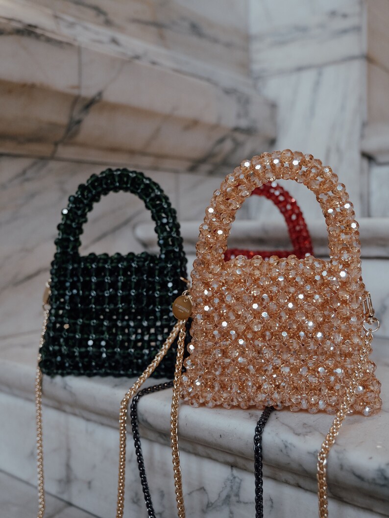 Women Handbag with Chain Strap Crystal Beaded Handbag Small Handmade Jewellery Beaded Bag Luxury Evening Bag with Handle Green image 6