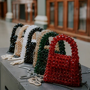 Women Handbag with Chain Strap Crystal Beaded Handbag Small Handmade Jewellery Beaded Bag Luxury Evening Bag with Handle Green image 5