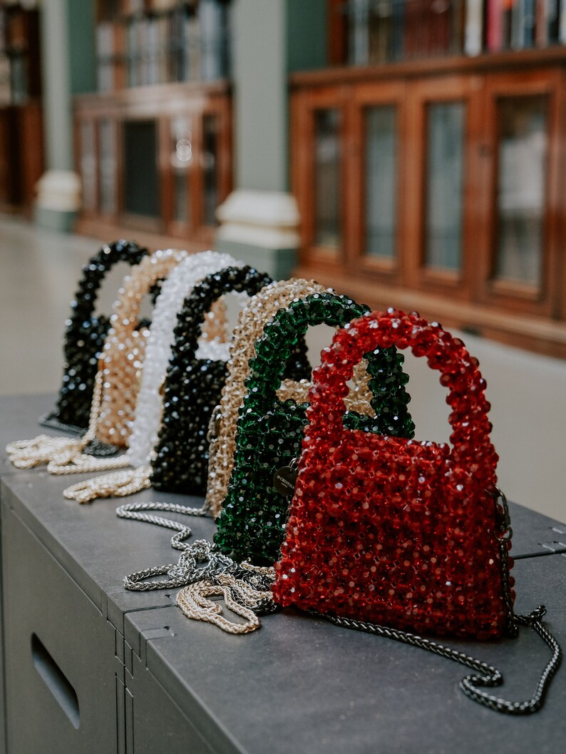 Women Handbag with Chain Strap Crystal Beaded Handbag Small Handmade Jewellery Beaded Bag Luxury Evening Bag with Handle Green image 5