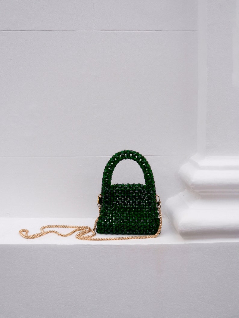 Women Handbag with Chain Strap Crystal Beaded Handbag Small Handmade Jewellery Beaded Bag Luxury Evening Bag with Handle Green image 4