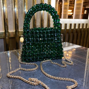 Women Handbag with Chain Strap Crystal Beaded Handbag Small Handmade Jewellery Beaded Bag Luxury Evening Bag with Handle Green image 9