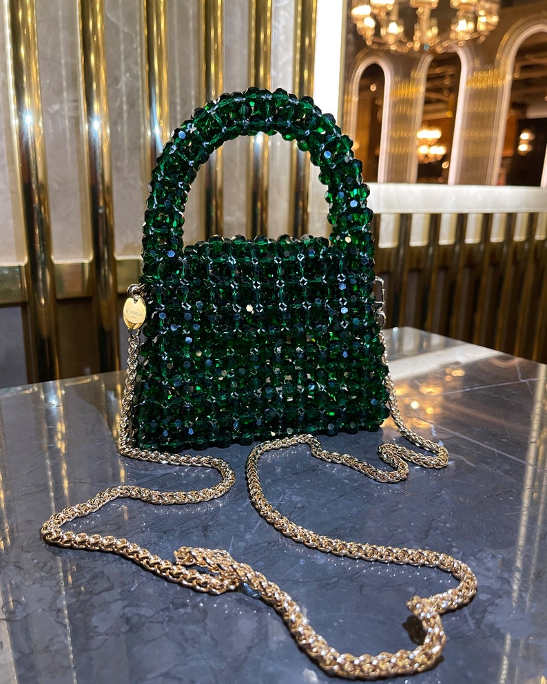 Women Handbag with Chain Strap Crystal Beaded Handbag Small Handmade Jewellery Beaded Bag Luxury Evening Bag with Handle Green image 9