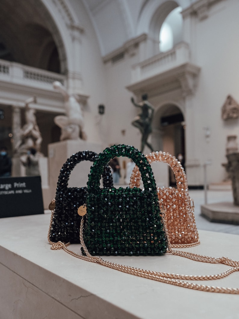 Women Handbag with Chain Strap Crystal Beaded Handbag Small Handmade Jewellery Beaded Bag Luxury Evening Bag with Handle Green image 8