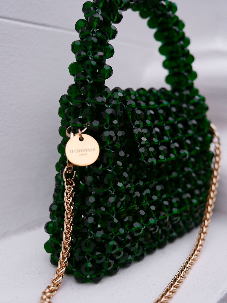 Women Handbag with Chain Strap Crystal Beaded Handbag Small Handmade Jewellery Beaded Bag Luxury Evening Bag with Handle Green image 2