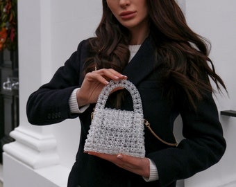 Women Wedding Handbag  | Handmade Beaded Purse | Small Jewellery Beaded Bag | Luxury Evening Mini Bag with Handle - White