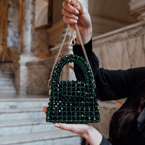 Women Handbag with Chain Strap Crystal Beaded Handbag Small Handmade Jewellery Beaded Bag Luxury Evening Bag with Handle Green image 1