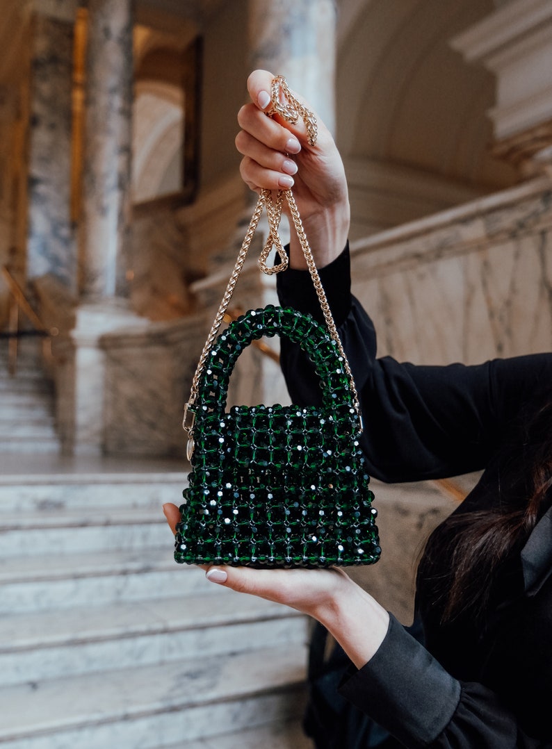 Women Handbag with Chain Strap Crystal Beaded Handbag Small Handmade Jewellery Beaded Bag Luxury Evening Bag with Handle Green image 1