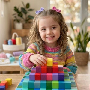 May include: A set of wooden building blocks arranged in a tiered pyramid structure on a wooden tray. The blocks are painted in various solid colors including red, orange, yellow, green, blue, and purple. The blocks are square and uniform in size.