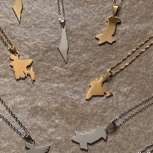 May include: A collection of necklaces featuring pendants shaped like country outlines. The pendants are in gold and silver tones, suspended from delicate chains. The necklaces are displayed on a neutral, textured surface.