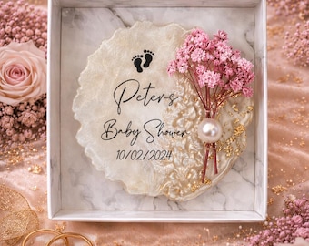 Elegant Baby Shower Magnet Favor, Personalized Baby Feet Design with Pink Flowers and Pearl