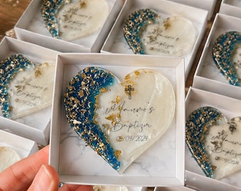 Personalized Baptism Magnet Favor, Blue and Gold Heart Baptism Keepsake, Custom Greek Baptism Gift, Baptism Favor for Boy