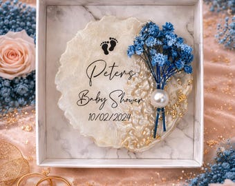Baby Shower Resin Magnet Favor, Personalized Baby Footprint Souvenir, Blue Floral Baby Shower Keepsake