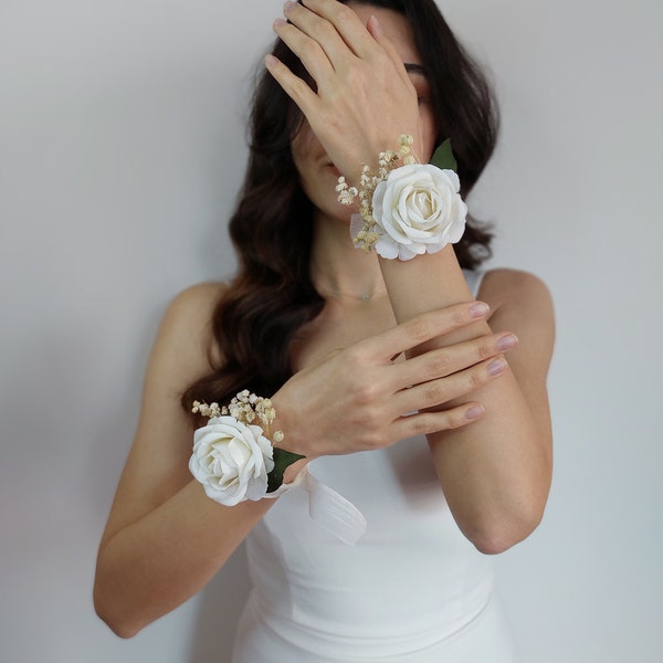 Handgelenk Corsage,Ivory Rose Corsage,Getrocknete Blumen Corsage,Handgelenk Crasage Für Hochzeit Accessoires,Künstliche Blumen,Brautjungfer Geschenke