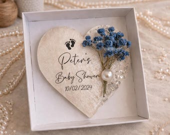 Personalized Baby Shower Magnet Favor with Blue Flowers, Baby Footprint Keepsake, Custom Name and Date Gift