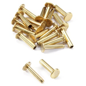 May include: A pile of brass rivets, some are laying flat and some are standing upright. There are two rivets laying separately on the white background.