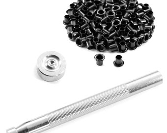 Eyelet Hand Setter and Eyelet Combo Kit - Includes (1)(#8 Hand Setter) and (100)(8-9 Black Eyelets) - DIY Holster Making and Upholstery