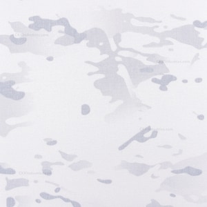 May include: White fabric with a light gray camouflage pattern. The pattern is made up of irregular shapes and spots.