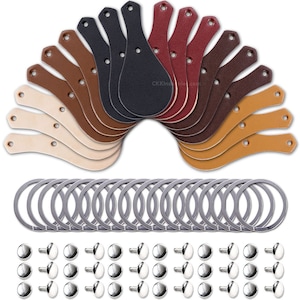 May include: A set of leather strap hardware for crafting bags or purses. The set includes 10 leather straps in various shades of brown, 20 metal rings, and 24 metal rivets.