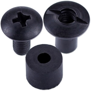 May include: Three black metal fasteners, one with a Phillips head screw, one with a threaded nut, and one with a round rubber base.