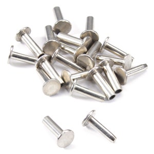 May include: A pile of silver metal rivets, also known as hollow rivets, with a round head and a cylindrical shaft. The rivets are scattered on a white background.