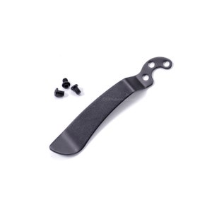 May include: Black metal pocket clip with three holes and a curved shape. Three black screws are included.