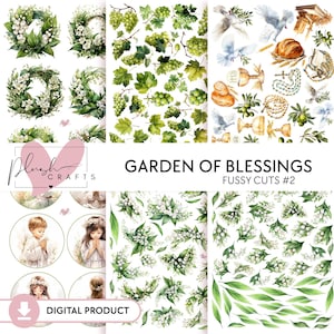 Tuin der Zegeningen || Digitaal scrapbookingpakket, ontwerpen eerste communie, bloemencollectie, groene achtergrond, afdrukbaar papier #2