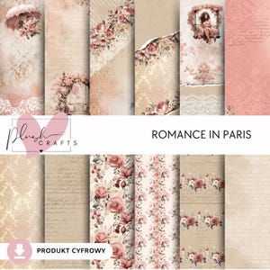 Romantiek in Parijs: 12 digitale vellen papier || Scrapbookpakket, afdrukbare vintage collectie, bloemmotieven, junkjournal, romantische prints