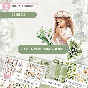 Garten des Segens || Digitales Scrapbooking-Bundle, Erstkommunion Designs, Floral-Kollektion, grüne Hintergründe, bedruckbares Papier