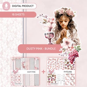Oudroze || 18 afdrukbare vellen scrapbookingbundel, 12 papieren en 6 kieskeurige losse vellen, communiethema, blauw-witte ontwerpen