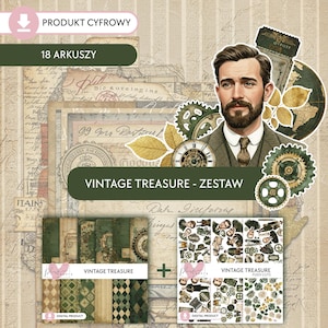 Tesouro Vintage || Pacote de Scrapbooking, 12 papéis e 6 folhas de corte Fussy, tema masculino, verde, marrom, dourado, tema vintage