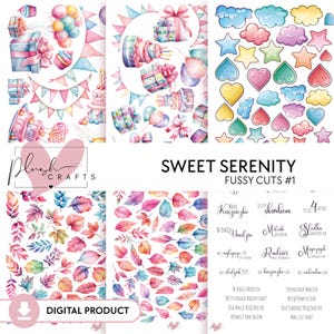 Sweet Serenity // 6 hojas de recortes digitales, diseños rosas y tiernos, temas de princesas y elefantes, paquete de scrapbooking para niños