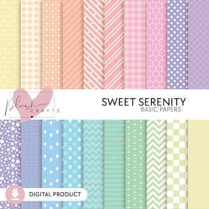 Sweet Serenity // 20 hojas de papel básico digital, diseños rosas y lindos, paquete de scrapbooking para niños, cumpleaños en tonos pastel