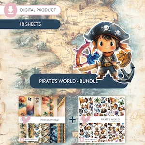 Pirate's World - PAKET || 18 digitale Sets, Schatzkarten, nautische Themen, Kinder Scrapbooking Paket, druckbare Piraten Designs