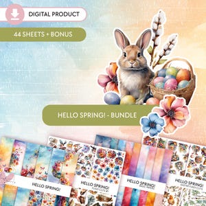 Hallo Frühling - PAKET || 44 digitale Papierpackung, Papierpackung, Frühling, bedruckbares Papier, wählerischen schneiden, Ostern, Floral Blätter