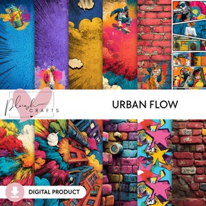 May include: A digital product featuring a collection of vibrant urban-themed designs. The designs include graffiti art, brick walls, comic book style illustrations, and a skateboarder. The text "Urban Flow" and "Digital Product" are also visible.