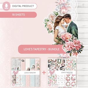 Tapisserie de l'amour || Lot de 18 feuilles numériques de scrapbooking, papiers imprimables feuilles simples, pivoines de mariage, motifs rose et vert menthe