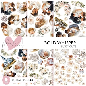 Gold Flüstern || Digitales Fussy Cut Scrapbooking Pack, Heilige Taufe, Hochzeitsdesigns, bedruckbares Papier, Erstkommunion