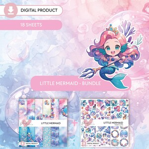 Op de afbeelding: Een digitale papierset en een set met gedetailleerde uitsnijdingen met een schattige cartoon-zeemeermin met roze haar en een blauwe staart. De set bevat 18 vellen digitaal papier en een verscheidenheid aan gedetailleerde uitsnijdingen. Het digitale papier heeft een verscheidenheid aan zeemeermin-themaontwerpen, waaronder schelpen, zeesterren en bubbels. De gedetailleerde uitsnijdingen zijn perfect om een vleugje whimsy aan je projecten toe te voegen.