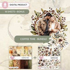 Coffee Time - Pacchetto digitale // Pacchetto scrapbooking, disegni marroni e verdi, carta vintage stampabile, tema caffè retrò, tagli elaborati