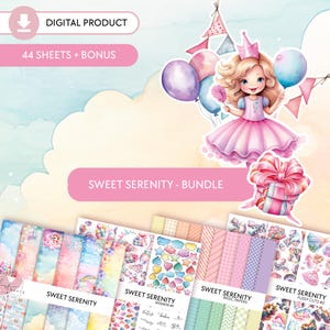 Sweet Serenity - PAQUETE // 44 hojas digitales, diseños rosas y tiernos, temas de princesas y elefantes, paquete de papel de scrapbooking para niños con cortes delicados