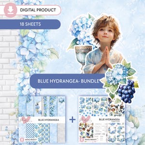 Blaue Hortensie || 18 bedruckbares Scrapbooking Set bestehend aus 12 Papieren und 6 Pingeligen Schnittbögen, Kommunion Thema, Blau und Weiß