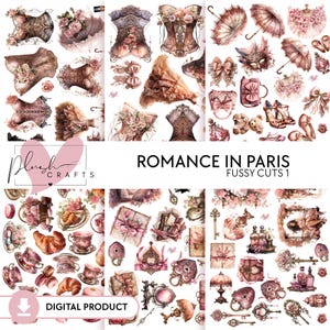Romance in Paris: 6 digitale kieskeurige losse vellen || Afdrukbare vintage versieringen, plakboekpakket, bloemmotieven, ongewenste dagboekelementen #1