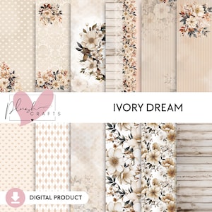 Elfenbein Traum || Digital Scrapbooking Pack, Naturtöne Sammlung, druckbare Beige und Bronze Papiere, Blumenmuster