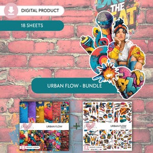 May include: Digital product bundle featuring urban-themed designs. Includes 18 sheets of digital art with graffiti art, a woman with headphones, a microphone, and a vinyl record. The bundle is labeled "Urban Flow - Bundle."