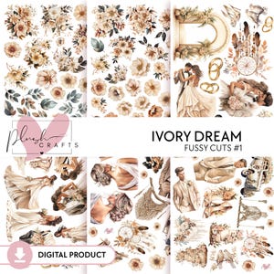 Ivoor droom || Digitaal scrapbookpakket, collectie bohobeige, afdrukbare trouwpapieren, kieskeurige gesneden ontwerpen, brons natuurlijk