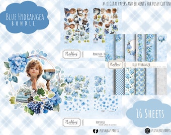 Blue Hydrangea - BUNDLE || 16 SHEETS A4 || Scrapbooking Digital Paper Pack, Paper Collection, Holy Communion, Printable Paper, Fussy Cutting